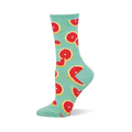 Light mint green crew sock featuring a bright pattern of red grapefruit slices and wedged halves with yellow rinds.