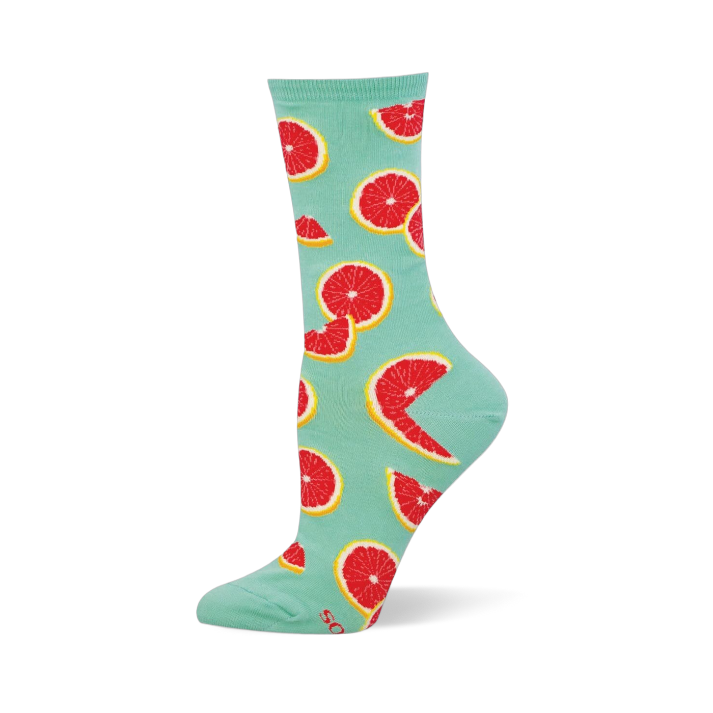 Light mint green crew sock featuring a bright pattern of red grapefruit slices and wedged halves with yellow rinds.
