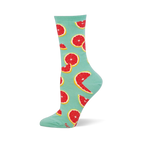 Light mint green crew sock featuring a bright pattern of red grapefruit slices and wedged halves with yellow rinds.