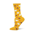 Yellow crew sock covered in a pattern of white coffee mugs and brown poop piles, surrounded by small red hearts throughout.