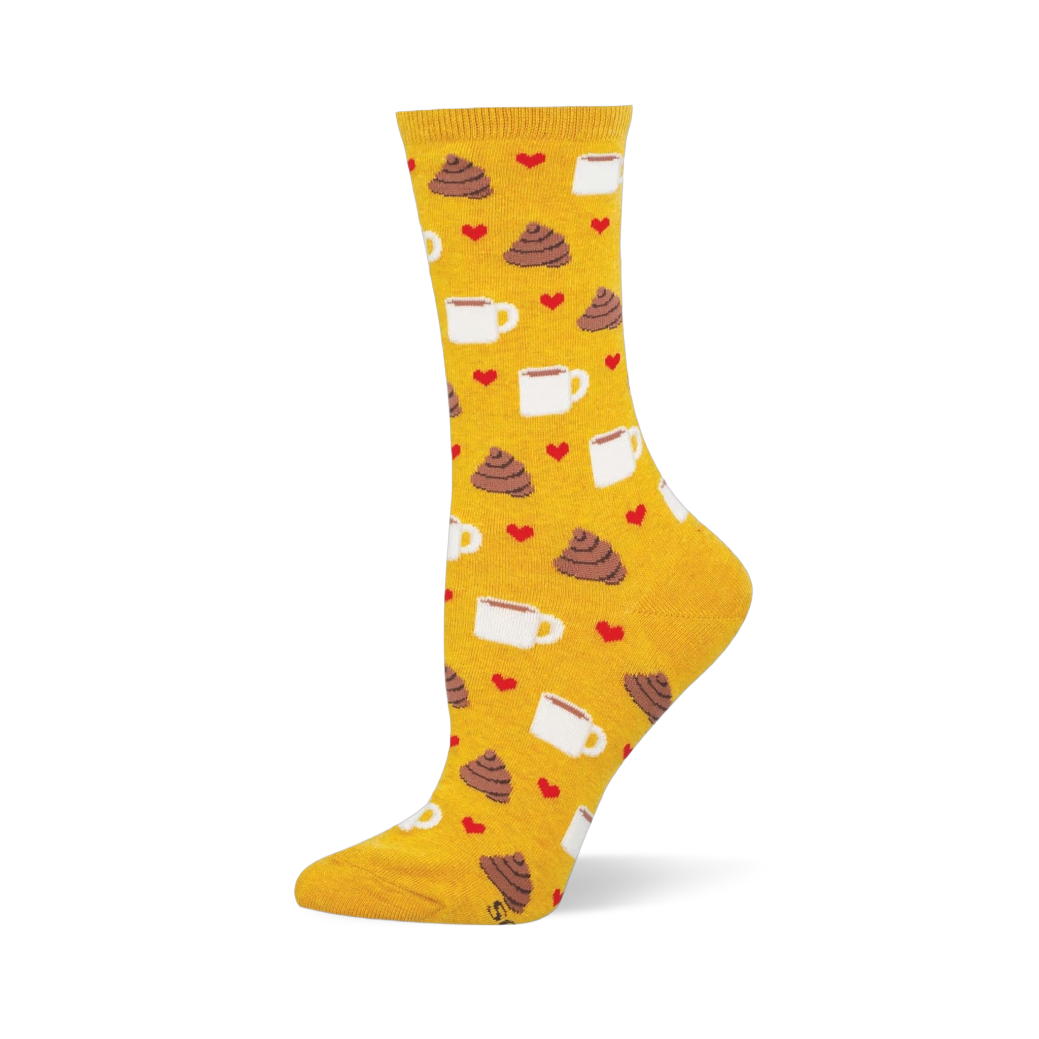 Yellow crew sock covered in a pattern of white coffee mugs and brown poop piles, surrounded by small red hearts throughout.