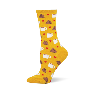 Yellow crew sock covered in a pattern of white coffee mugs and brown poop piles, surrounded by small red hearts throughout.