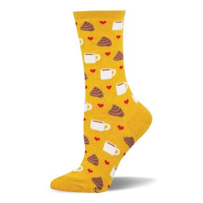 Yellow crew sock covered in a pattern of white coffee mugs and brown poop piles, surrounded by small red hearts throughout.