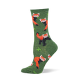 Heather green crew socks featuring a pattern of reddish-orange red pandas and bright green bamboo leaves.