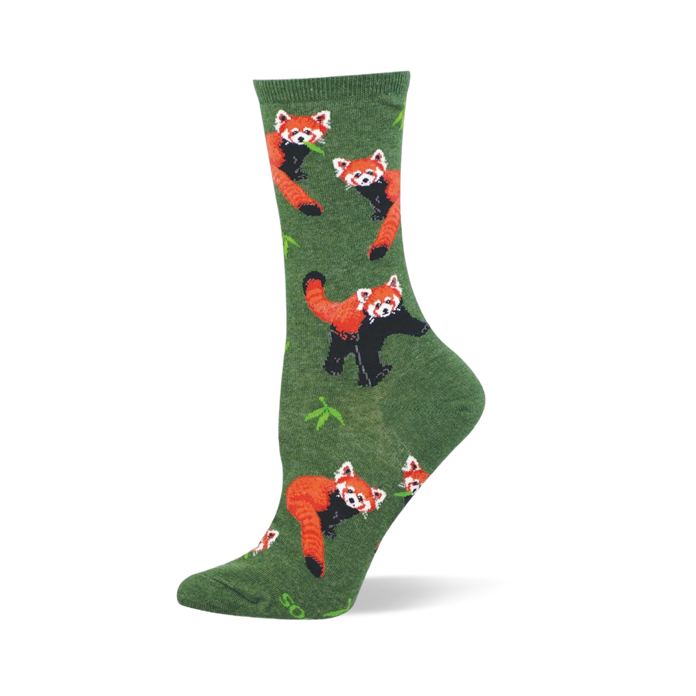 Heather green crew socks featuring a pattern of reddish-orange red pandas and bright green bamboo leaves.