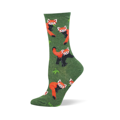 Heather green crew socks featuring a pattern of reddish-orange red pandas and bright green bamboo leaves.