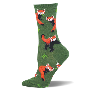 Heather green crew socks featuring a pattern of reddish-orange red pandas and bright green bamboo leaves.
