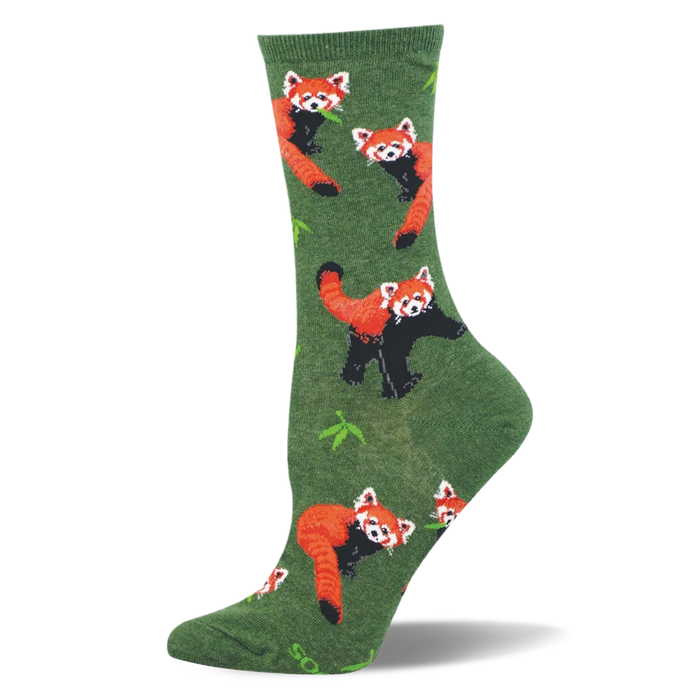 Heather green crew socks featuring a pattern of reddish-orange red pandas and bright green bamboo leaves. }}