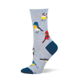 Light blue crew sock with navy heel and toe, featuring a pattern of quirky birds wearing glasses, bucket hats, and cameras.