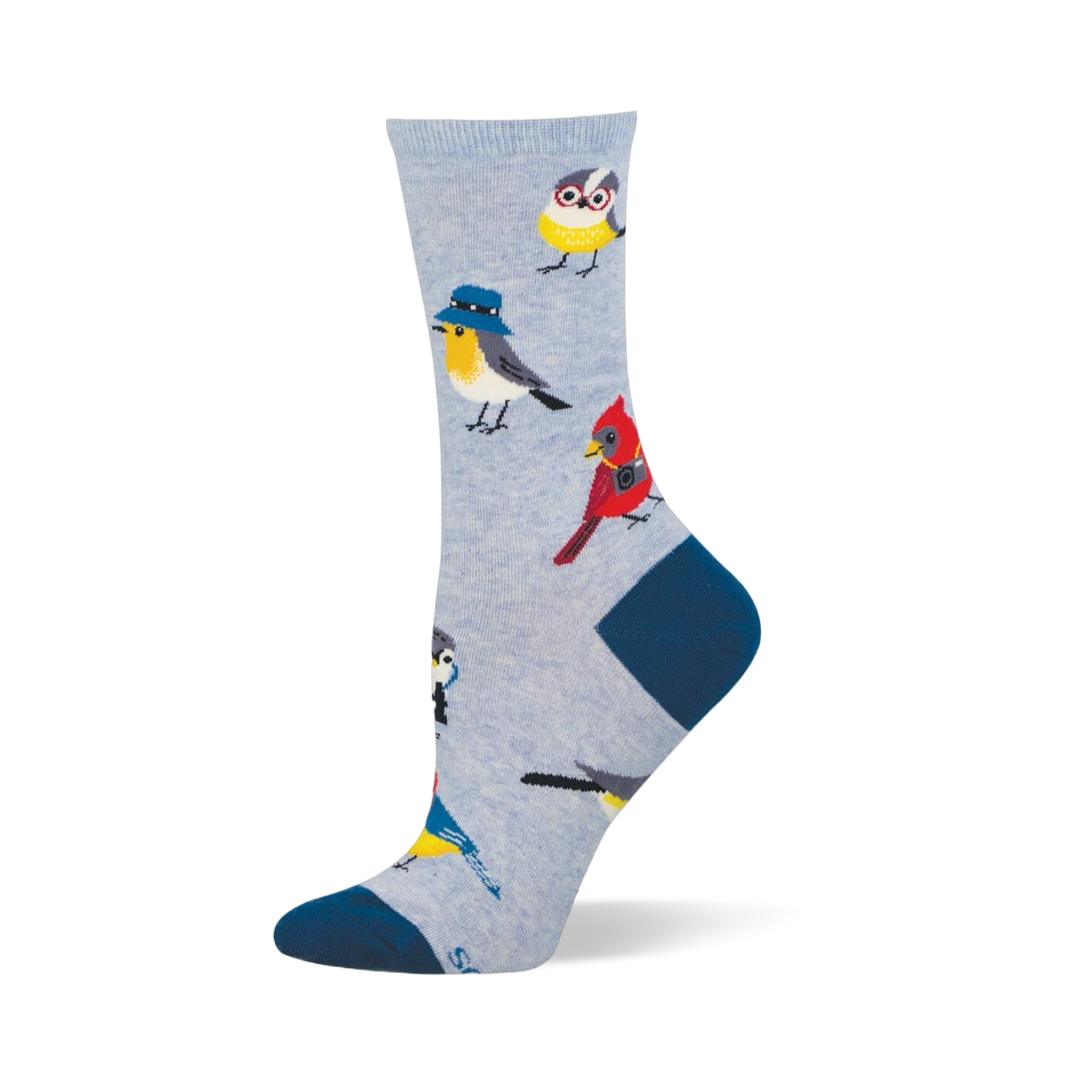 Light blue crew sock with navy heel and toe, featuring a pattern of quirky birds wearing glasses, bucket hats, and cameras.