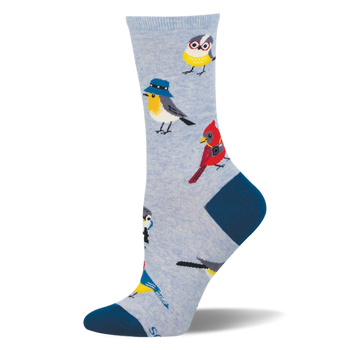 Light blue crew sock with navy heel and toe, featuring a pattern of quirky birds wearing glasses, bucket hats, and cameras.
