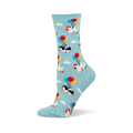 Light blue socks showing flightless penguins and chickens floating among white clouds while holding colorful party balloons.