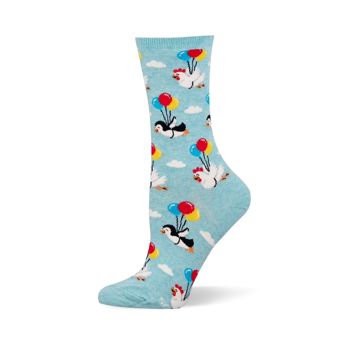 Light blue socks showing flightless penguins and chickens floating among white clouds while holding colorful party balloons.