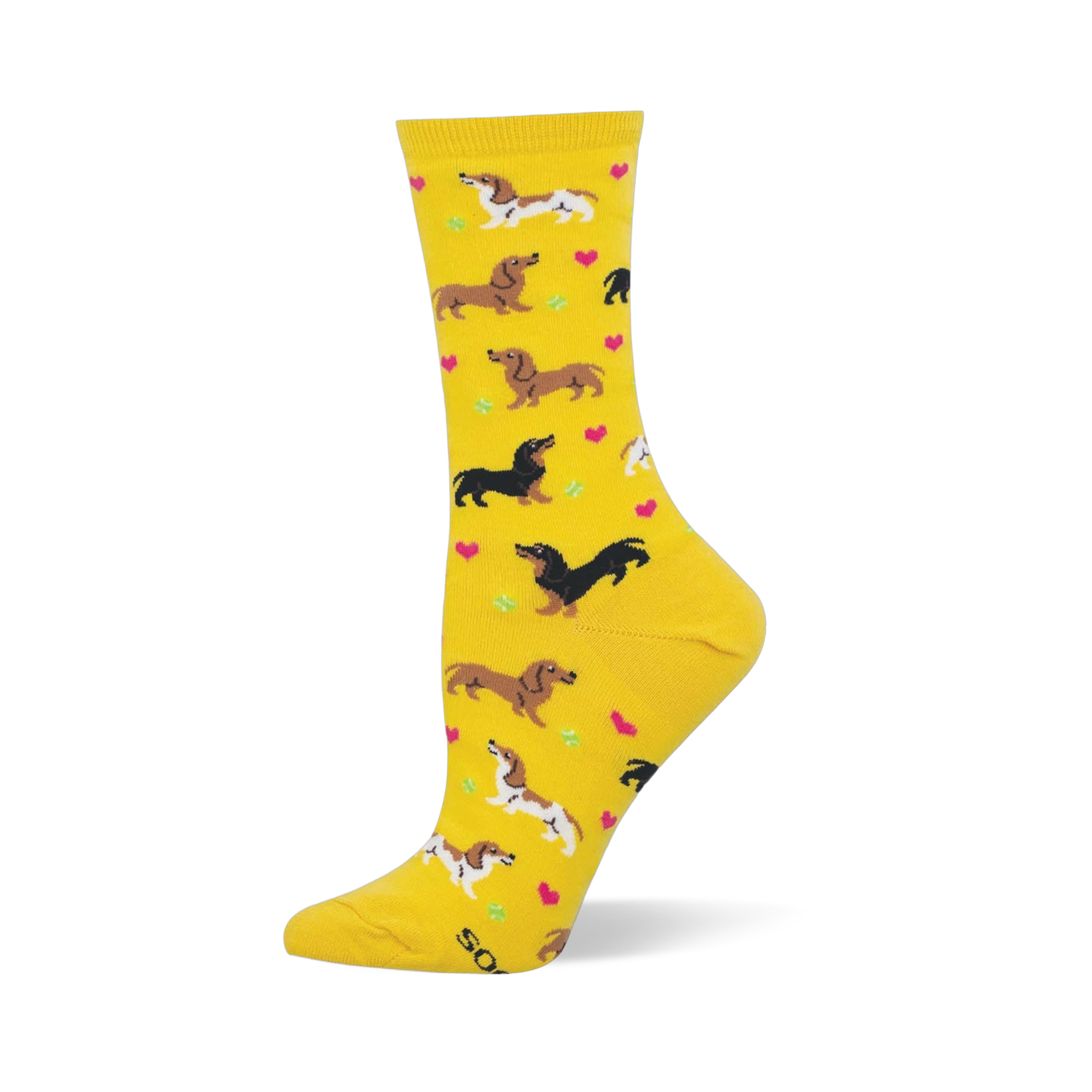Yellow crew socks featuring brown dachshunds, spotted dachshunds, pink hearts, and green tennis balls.