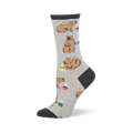 Grey crew sock featuring relaxed capybaras drinking from colorful steaming coffee mugs, with dark charcoal cuff and toe.