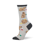 Grey crew sock featuring relaxed capybaras drinking from colorful steaming coffee mugs, with dark charcoal cuff and toe.