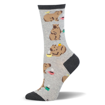 Grey crew sock featuring relaxed capybaras drinking from colorful steaming coffee mugs, with dark charcoal cuff and toe.