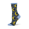 Dark blue crew sock featuring black cats sitting on yellow crescent moons with stars. Finished with light blue cuff and toe.