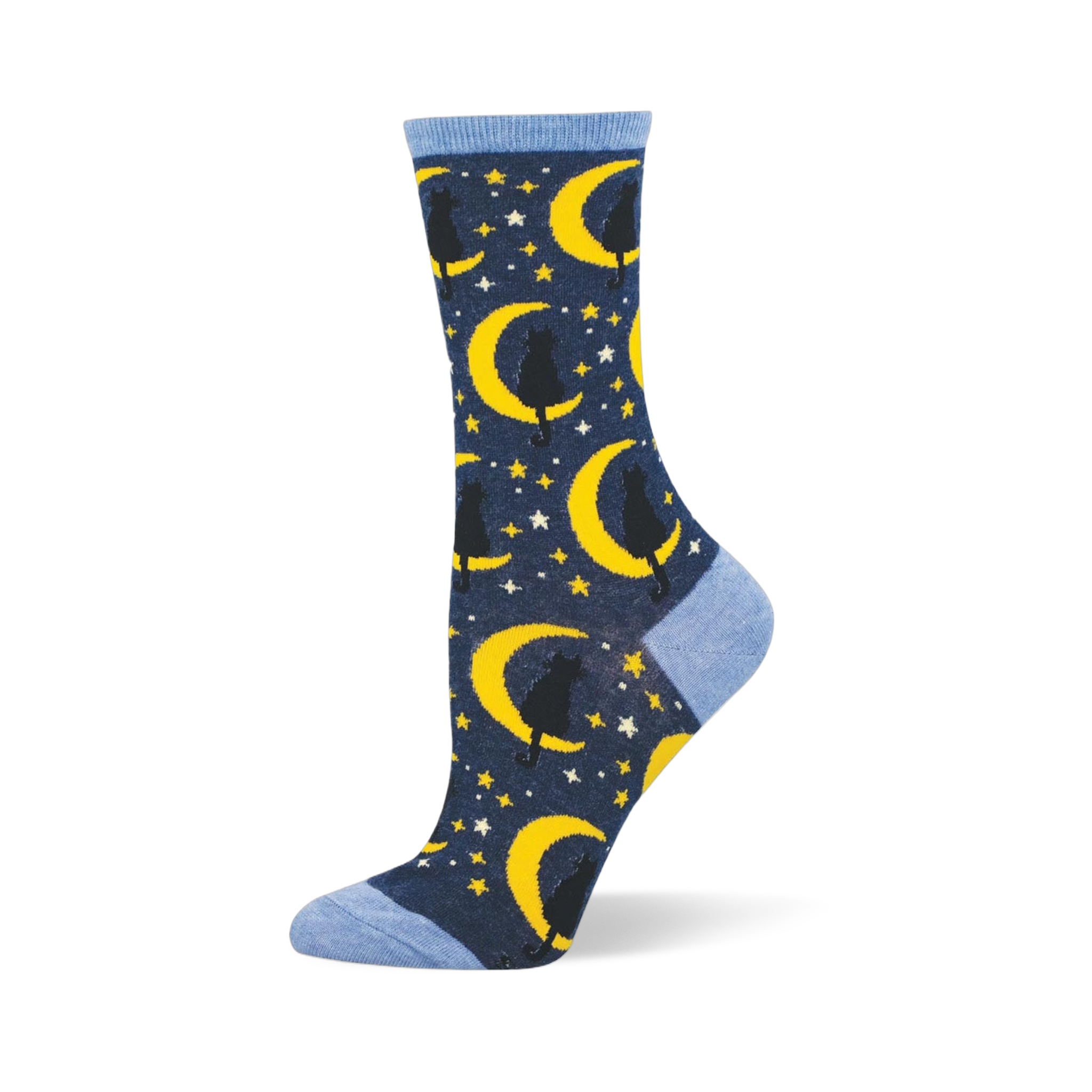 Dark blue crew sock featuring black cats sitting on yellow crescent moons with stars. Finished with light blue cuff and toe.