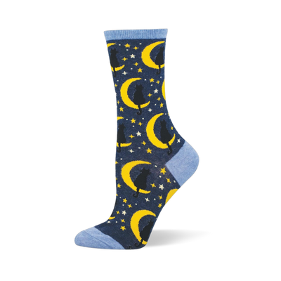 Dark blue crew sock featuring black cats sitting on yellow crescent moons with stars. Finished with light blue cuff and toe.