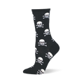 Black crew sock with a repeating pattern of white skull and crossbones featuring small red eyes.