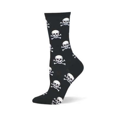 Black crew sock with a repeating pattern of white skull and crossbones featuring small red eyes.