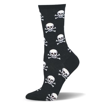 Black crew sock with a repeating pattern of white skull and crossbones featuring small red eyes.