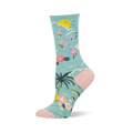 Light blue crew sock with a tropical pattern of pink flamingos, palm trees, and a yellow sun, plus a pink heel and toe.