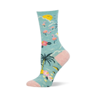 Light blue crew sock with a tropical pattern of pink flamingos, palm trees, and a yellow sun, plus a pink heel and toe.