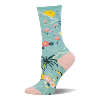 Light blue crew sock with a tropical pattern of pink flamingos, palm trees, and a yellow sun, plus a pink heel and toe.