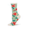 Mint green crew socks covered in red and orange hibiscus flowers with dark green leaves. The cuff and heel are cream colored.