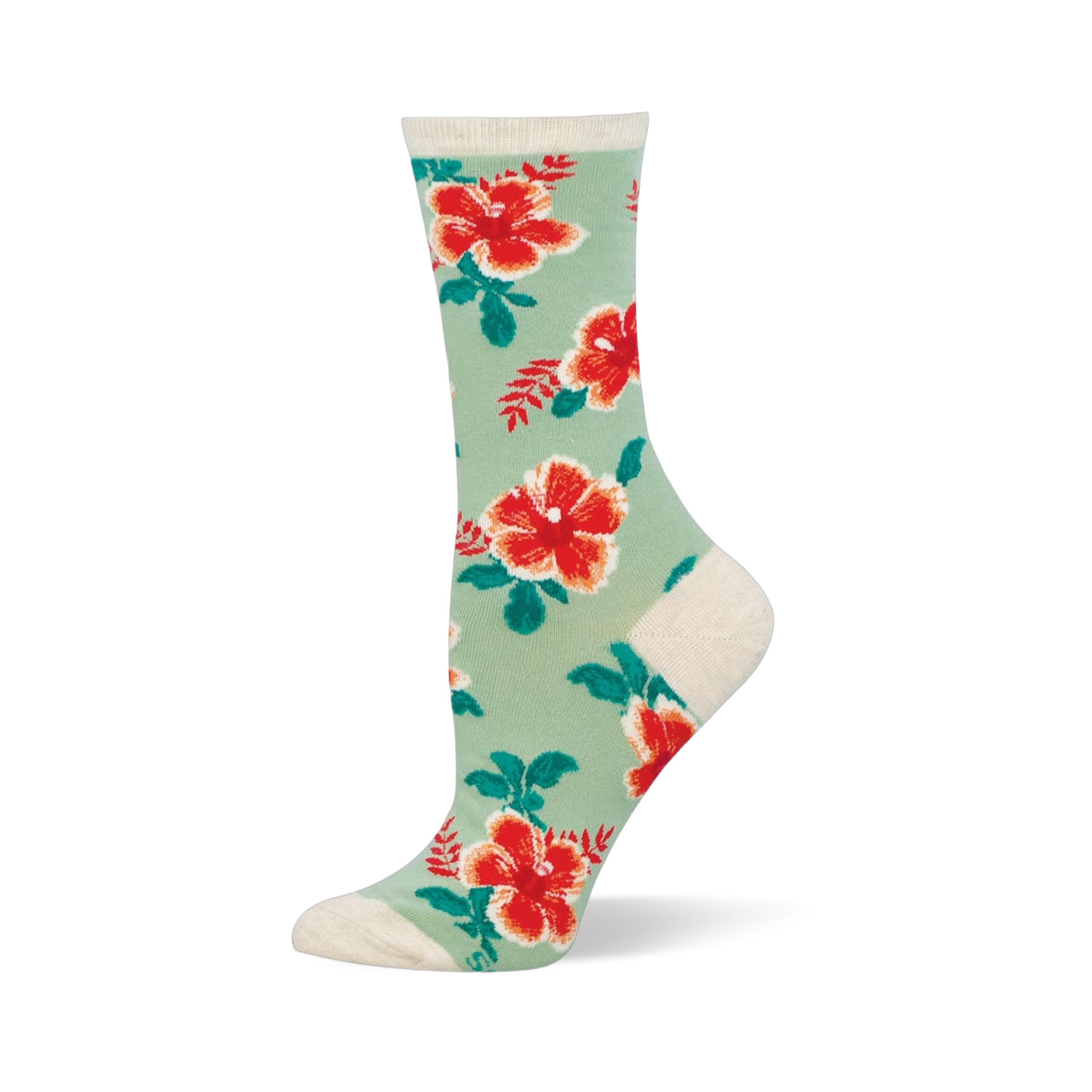 Mint green crew socks covered in red and orange hibiscus flowers with dark green leaves. The cuff and heel are cream colored.