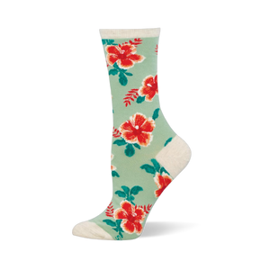 Mint green crew socks covered in red and orange hibiscus flowers with dark green leaves. The cuff and heel are cream colored.