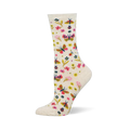 Cream crew socks showing a colorful pattern of pink and yellow butterflies, assorted small flowers, and tiny red ladybugs.