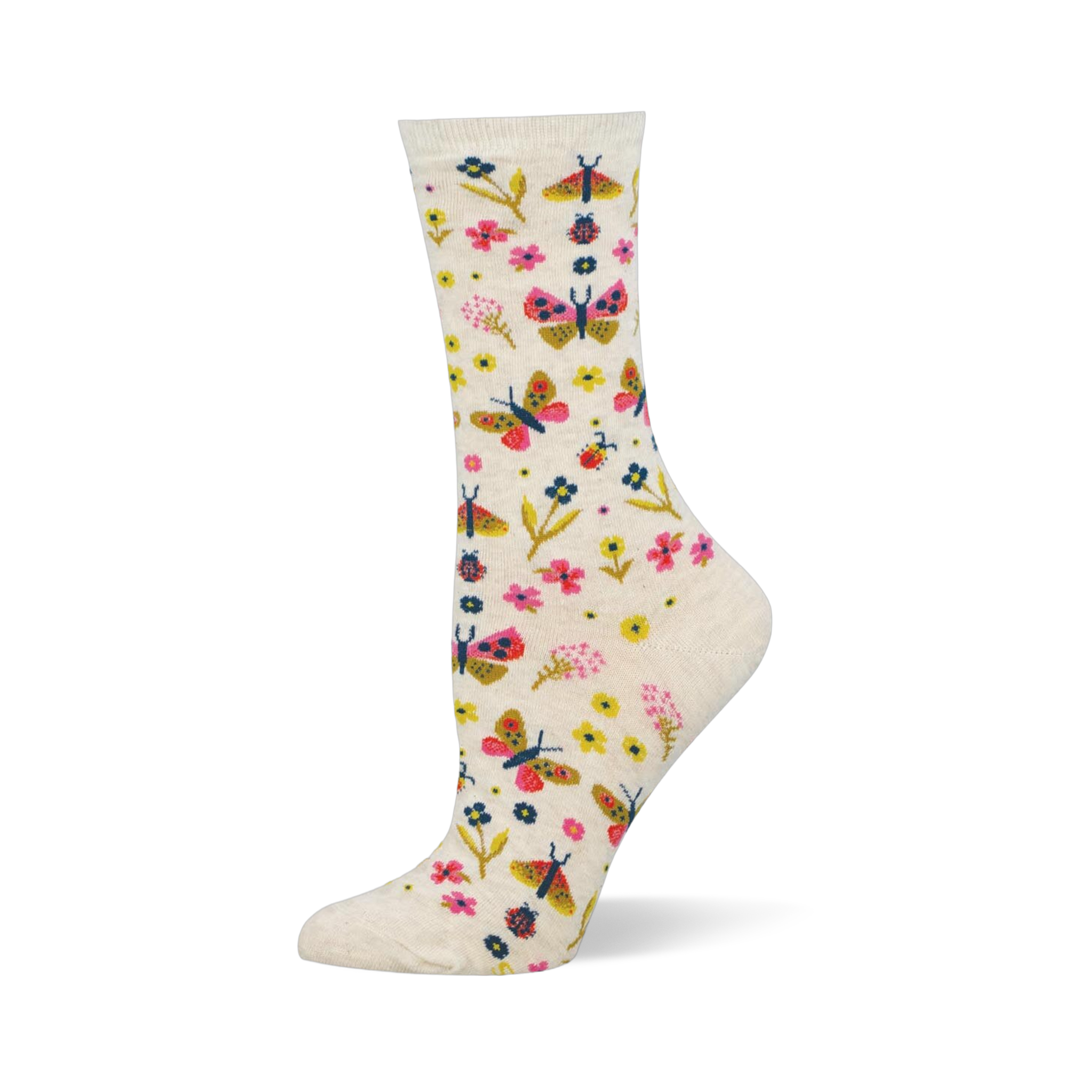 Cream crew socks showing a colorful pattern of pink and yellow butterflies, assorted small flowers, and tiny red ladybugs.