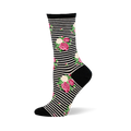 Crew sock with black and white horizontal stripes covered in pink and cream rose clusters. Solid black toe, heel, and cuff.