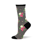 Crew sock with black and white horizontal stripes covered in pink and cream rose clusters. Solid black toe, heel, and cuff.