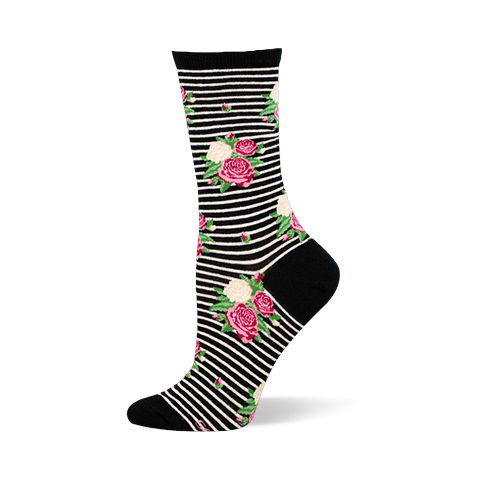 Crew sock with black and white horizontal stripes covered in pink and cream rose clusters. Solid black toe, heel, and cuff.