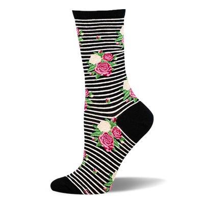 Crew sock with black and white horizontal stripes covered in pink and cream rose clusters. Solid black toe, heel, and cuff.