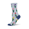 Light blue crew socks featuring a retro pattern of scattered tulips in purple, pink, red, and yellow with a dark blue heel.