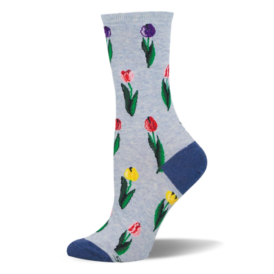 Light blue crew socks featuring a retro pattern of scattered tulips in purple, pink, red, and yellow with a dark blue heel.