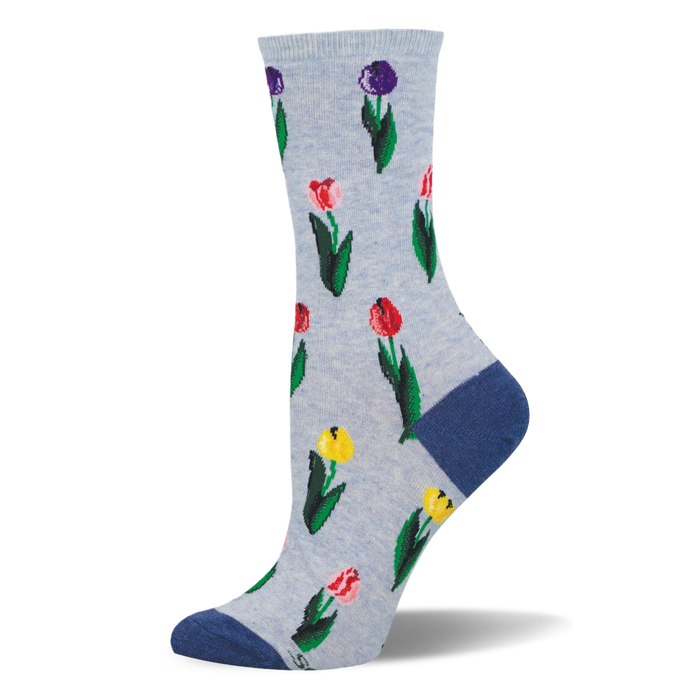 Light blue crew socks featuring a retro pattern of scattered tulips in purple, pink, red, and yellow with a dark blue heel. }}