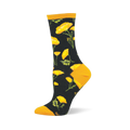 Black crew sock featuring bright yellow California poppies, green stems, solid golden cuffs, and matching yellow toes.