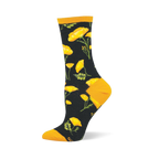 Black crew sock featuring bright yellow California poppies, green stems, solid golden cuffs, and matching yellow toes.