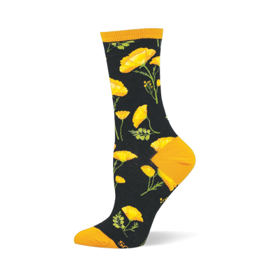 Black crew sock featuring bright yellow California poppies, green stems, solid golden cuffs, and matching yellow toes.