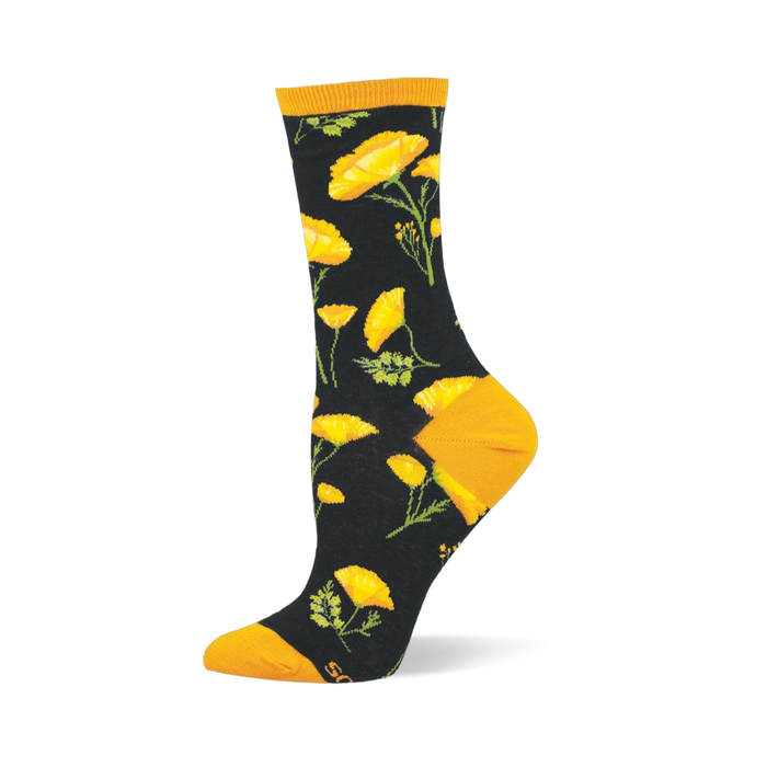 Black crew sock featuring bright yellow California poppies, green stems, solid golden cuffs, and matching yellow toes.