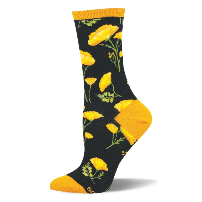 Black crew sock featuring bright yellow California poppies, green stems, solid golden cuffs, and matching yellow toes. }}