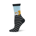 Bamboo socks with a light blue top showing dogs peeking over black and grey horizontal stripes with a black toe and heel.