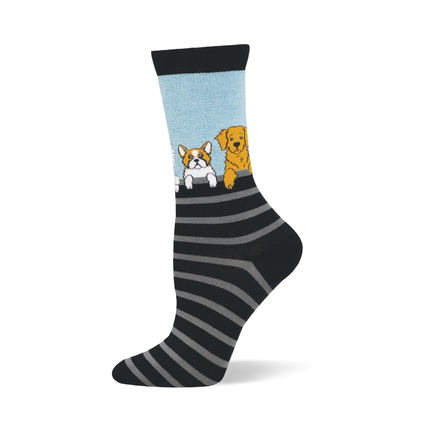 Bamboo socks with a light blue top showing dogs peeking over black and grey horizontal stripes with a black toe and heel.