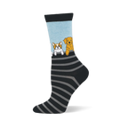 Bamboo socks with a light blue top showing dogs peeking over black and grey horizontal stripes with a black toe and heel.